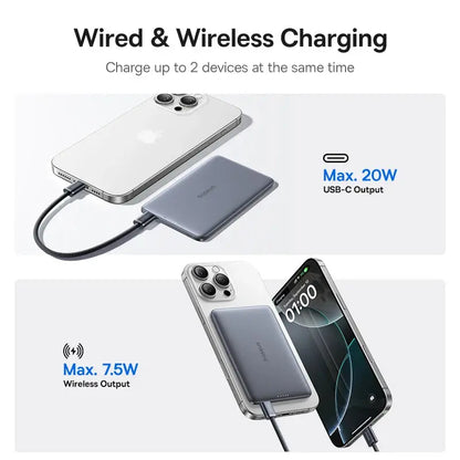 Smartlyo Baseus magnetic power bank with 5000mAh capacity, showing sleek design and magnetic charging features.