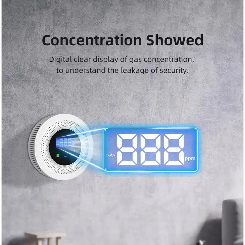 Smartlyo Tuya WiFi combustible gas leak sensor detecting gas presence with digital display and alarm system