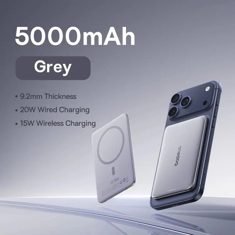 Smartlyo Baseus magnetic power bank with 5000mAh capacity, compact portable charger with magnetic attachment for smartphones.