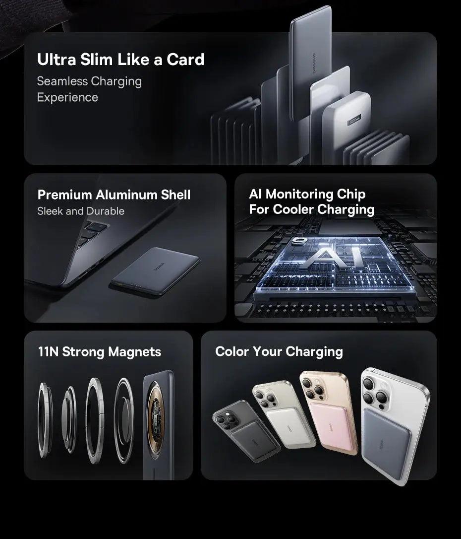 Smartlyo Baseus magnetic power bank with 5000mAh capacity, featuring a sleek design and magnetic attachment for convenient charging.