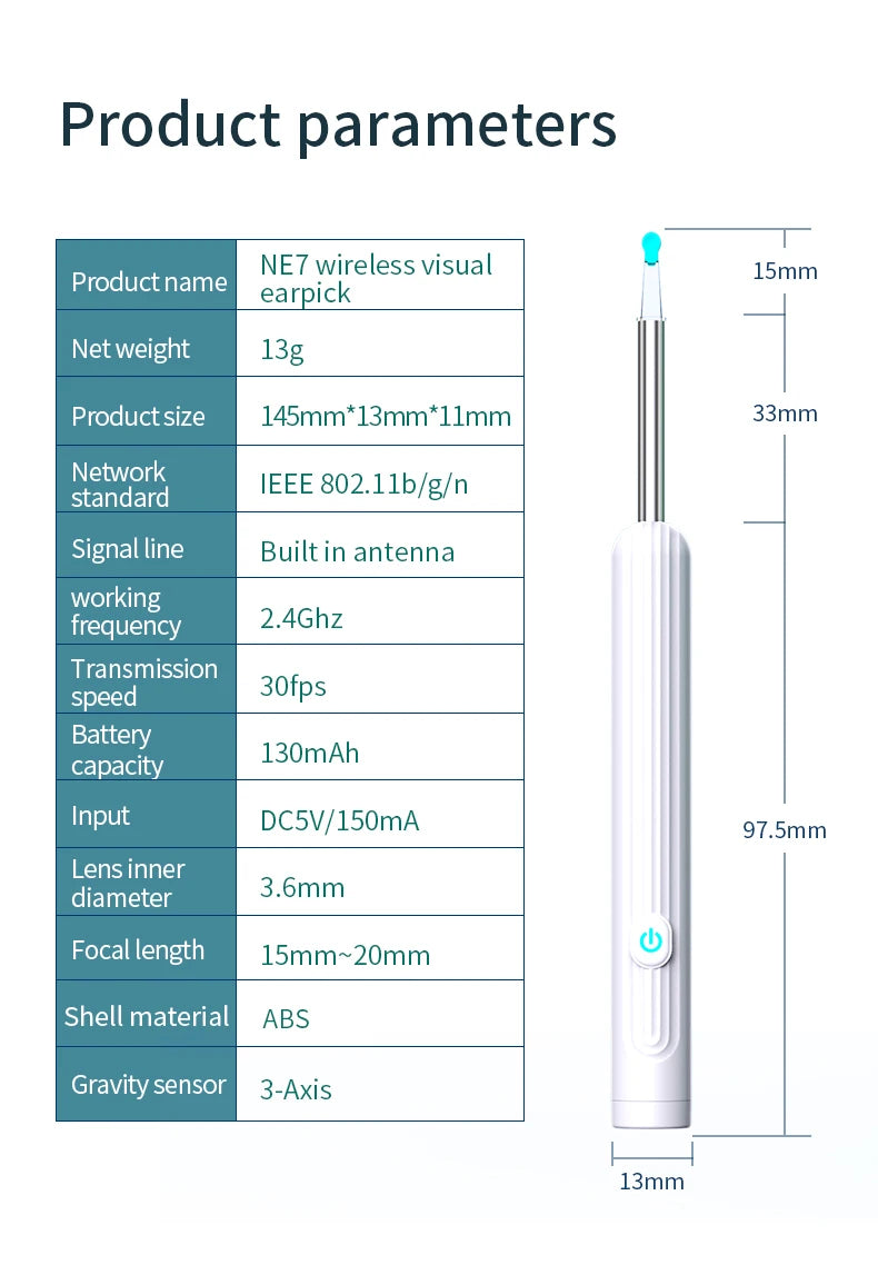 Smartlyo Smart Visual Ear Cleaner with Camera showing the device with camera lens and cleaning tip for ear hygiene.