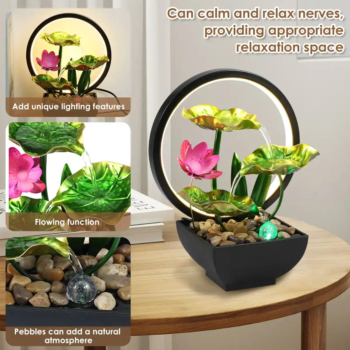 USB powered relaxation desktop waterfall fountain by Smartlyo with flowing water and smooth stone design.