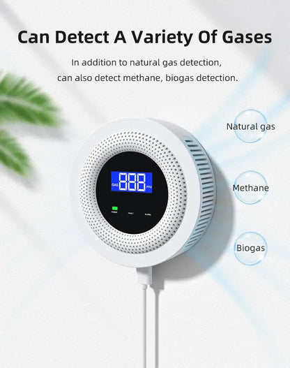 Smartlyo Tuya WiFi combustible gas leak sensor detecting gas leaks with digital display and alert features.