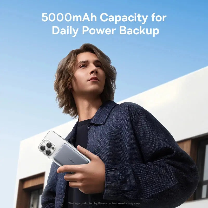Smartlyo Baseus magnetic power bank with 5000mAh capacity, featuring a sleek design and magnetic attachment for easy charging.