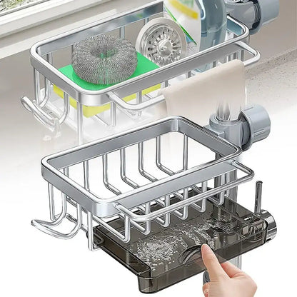 Smartlyo kitchen sink faucet organizer with compartments for sponges and brushes, mounted under the faucet for easy access.