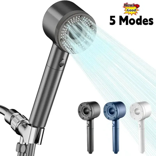 Smartlyo 5-mode adjustable shower head with multiple spray options and modern design, shown in a bathroom setting.