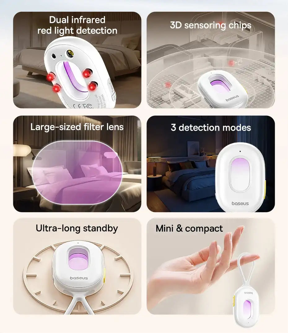Smartlyo Baseus camera detector device with compact design, featuring LED indicators and control buttons for detecting hidden cameras.