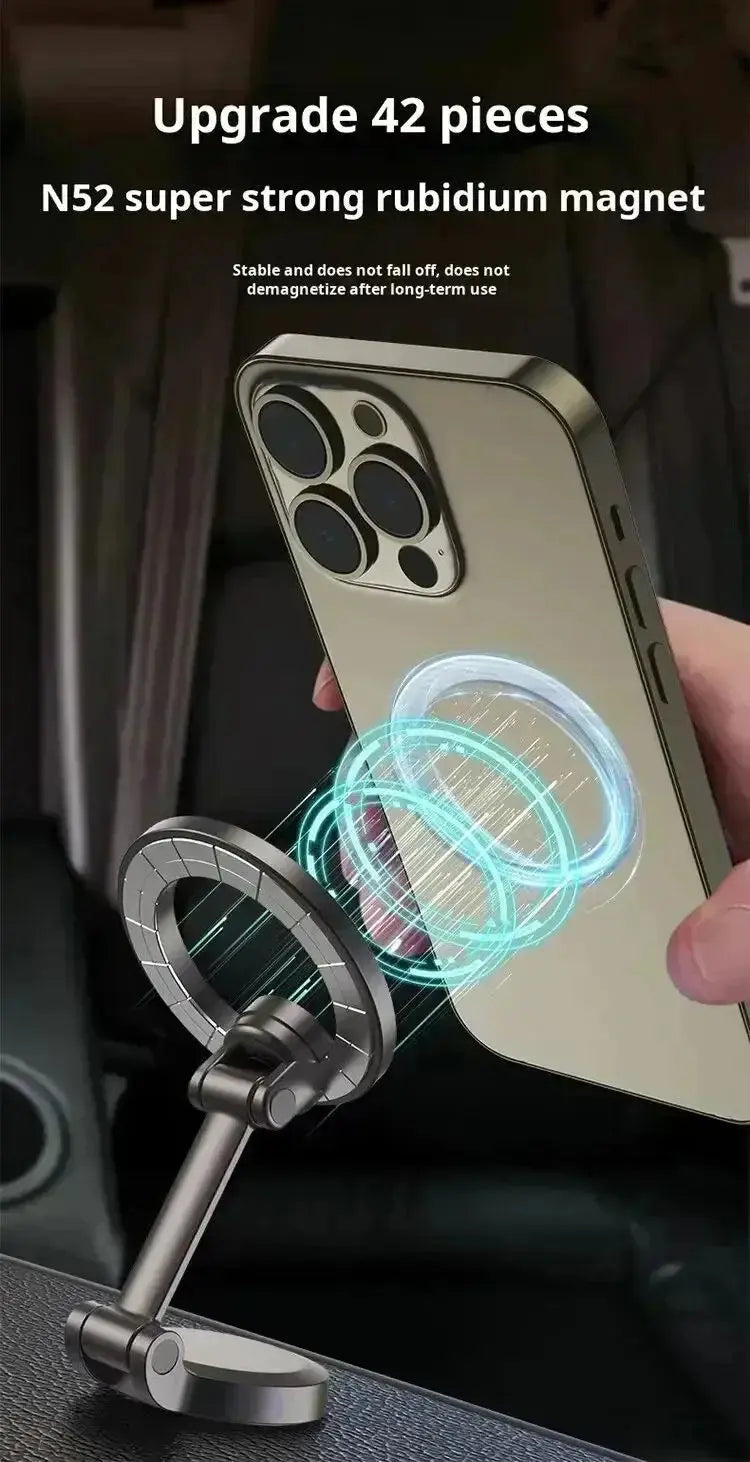 Smartlyo 360° strong magnetic cell phone holder mounted on a car dashboard with a smartphone attached for hands-free use.