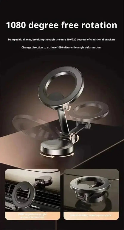 Smartlyo 360° magnetic cell phone holder attached to a car dashboard, showcasing secure grip and adjustable rotation.