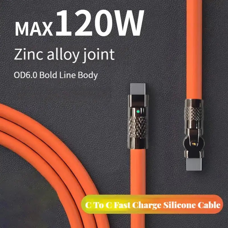 Smartlyo Fast Charge Type C silicone cable with 180° rotating elbow, flexible silicone design for easy connection and durability.