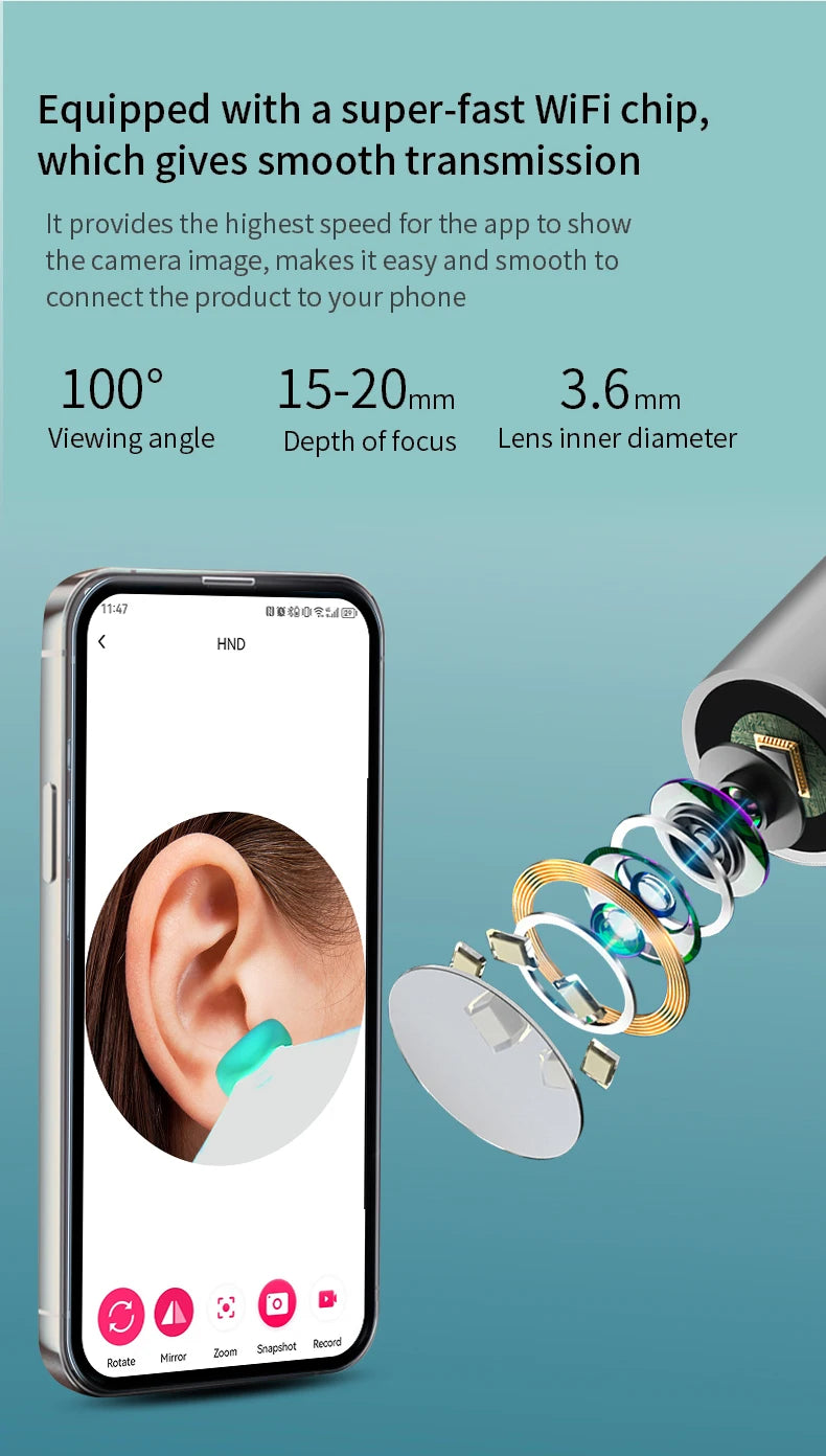 Smartlyo Smart Visual Ear Cleaner with Camera showing the device and camera lens for ear inspection.