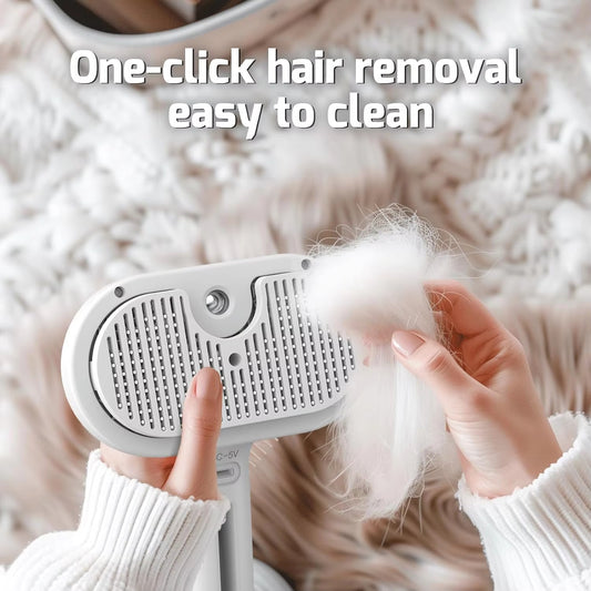 Smartlyo 3-in-1 steam cat brush with self-cleaning design, showcasing the grooming tool with steam vents and ergonomic handle.